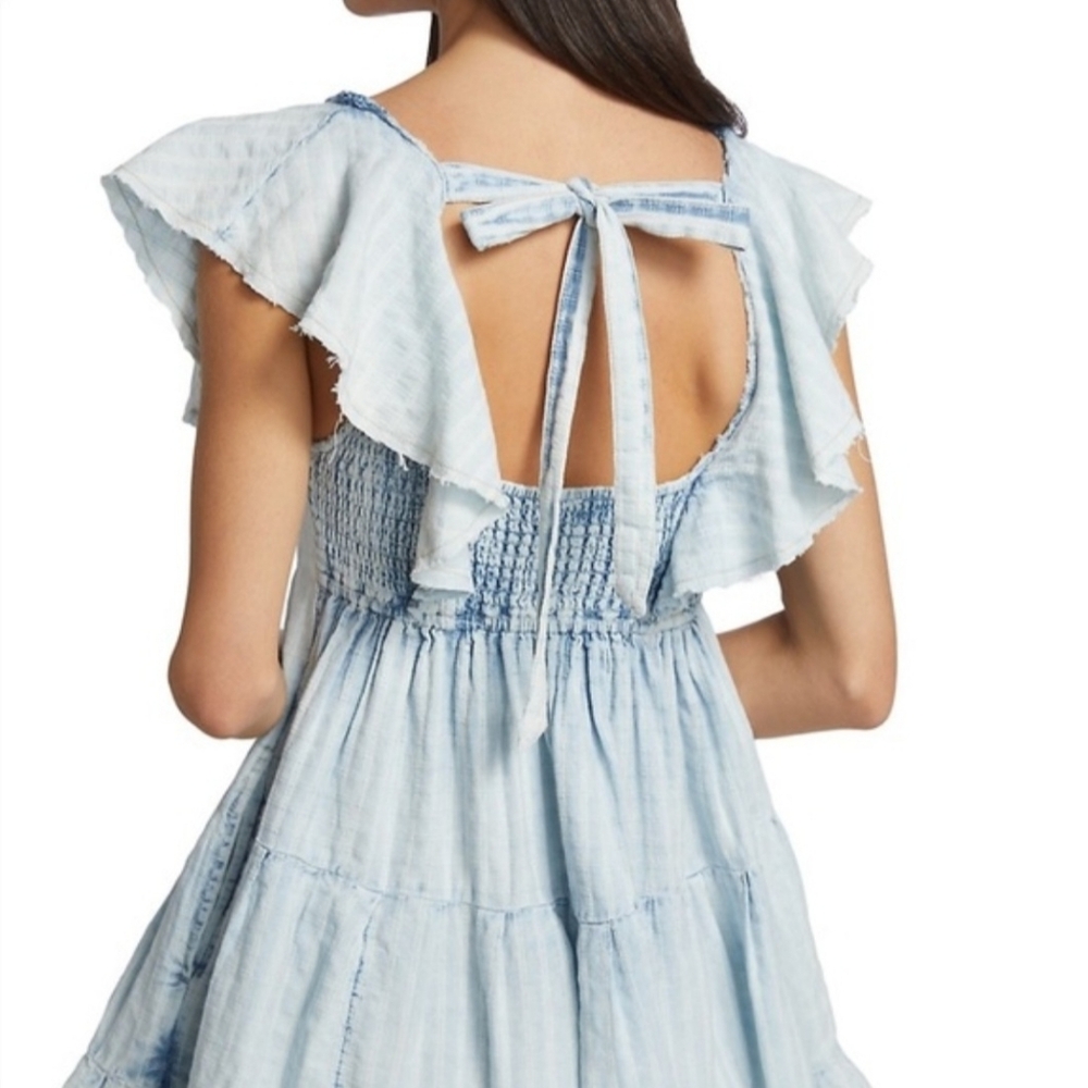 FREE PEOPLE Undone Acid Wash Blue Tiered Ruffled Open Back Smocked Mini Dress M - Picture 3 of 15